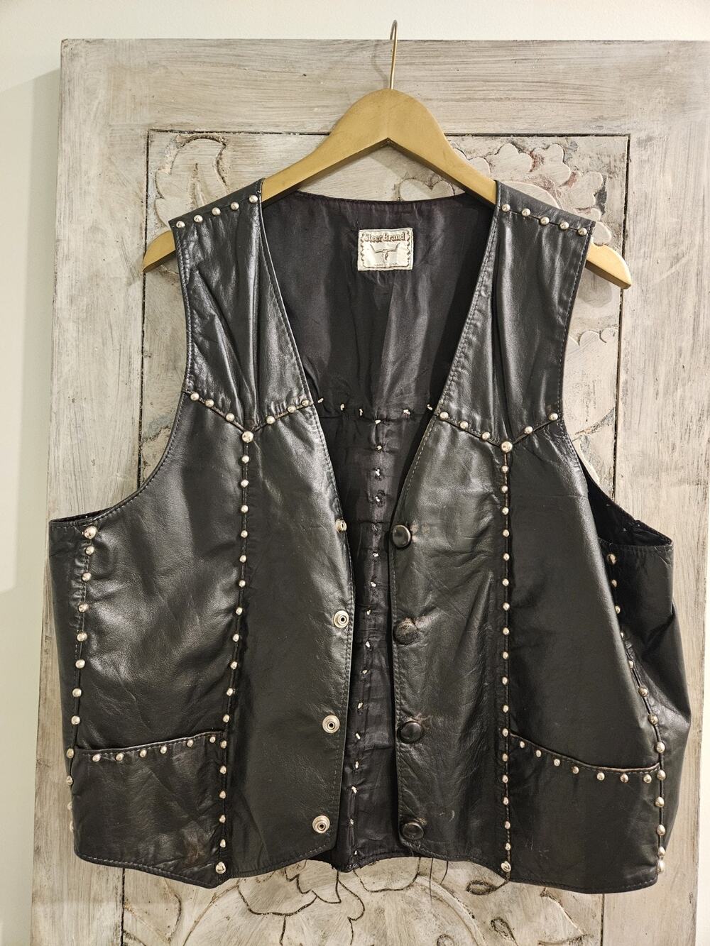 Steer Brand Men's L/XL Studded Leather Vest Black Motorcycle Biker Vest Vintage